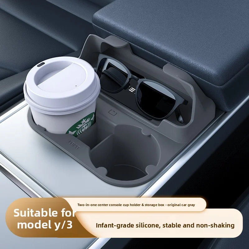 EVKITT Center Console Cup Holder Insert Storage Organizer Tray for Tesla Model Y Model 3 (Premium Shockproof Silicone, Anti-Rattle 1-Pack)