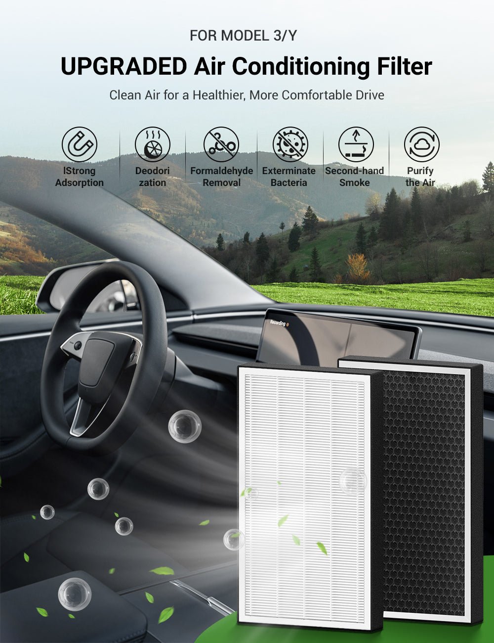 EVKITT HEPA Cabin Air Filter Activated Carbon Odor Eliminator for Tesla Model Y Model 3 (Premium Melt-Blown Polymer Matrix, Bio-Defense 2-Piece Set)