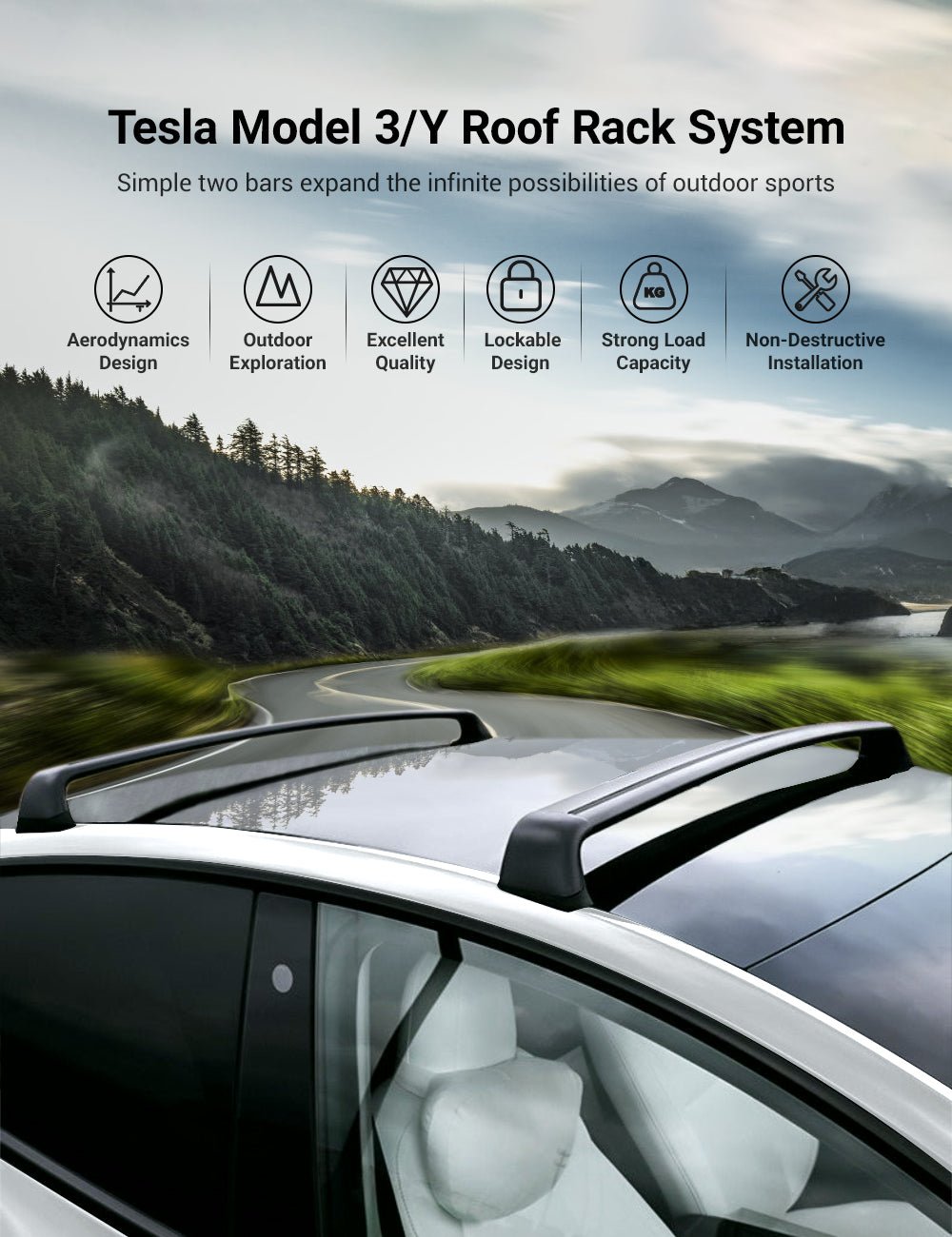 EVKITT for Tesla Model 3 Highland Model Y 2017-2026 Roof Rack Cross Bars Aluminum Alloy Cargo Carrier Set of 2 Heavy Duty