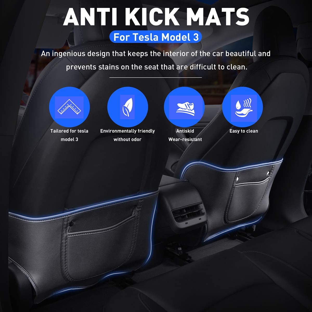 EVKITT Seat Back Anti-Kick Protector Guard Organizer for Tesla Model Y Model 3 (Premium Anti-Scratch PU Leather, 2-Piece Full Set)