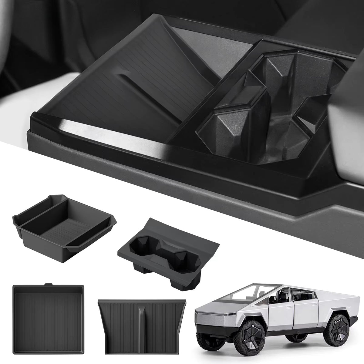 EVKITT Center Console Storage Organizer Kit for Tesla Cybertruck 2024+ – Cup Holder & Wireless Charging Anti-Slip Mats 4PCS