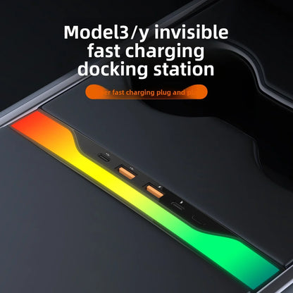 EVKITT for Tesla Model 3 Model Y 2021-2023 Central Control Expansion Dock 27W Fast Charging  Dashboard Hub Streaming Gradient Atmosphere Light Multi-Port Car Accessory