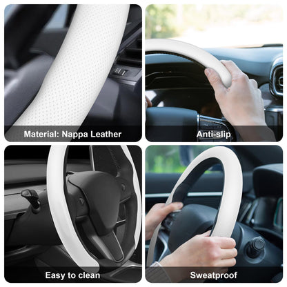 EVKITT 5D Nappa Leather Steering Wheel Cover for Tesla Model 3 & Model Y 2017-2026+ (Premium Anti-Slip Sweatproof Shield, Tactical Black)