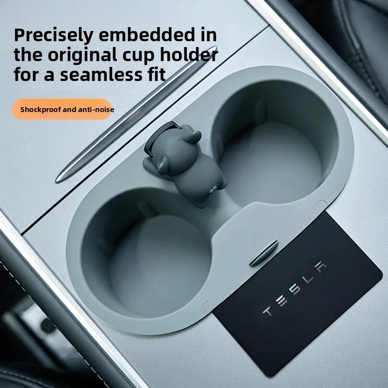 EVKITT Chic Cartoon Center Console Cup Holder Insert Slot Stabilizer Limiter for Tesla Model Y Model 3 (Premium Shockproof Silicone, Anti-Rattle 1-Pack)