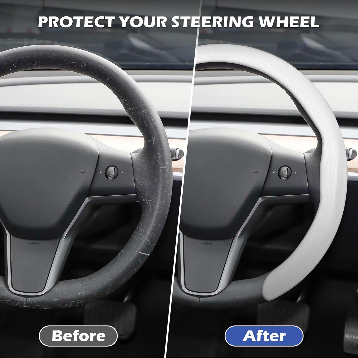 EVKITT 5D Nappa Leather Steering Wheel Cover for Tesla Model 3 & Model Y 2017-2026+ (Premium Anti-Slip Sweatproof Shield, Tactical Black)