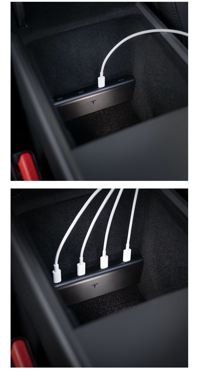 EVKITT Center Console USB Hub Docking Station Multi-Port Type-C Splitter Adapter for Tesla Model Y Juniper Model 3 Highland (Premium Fireproof ABS & OEM-Grade Smart IC Circuit, 4-in-1 Matte Black 1PCS)