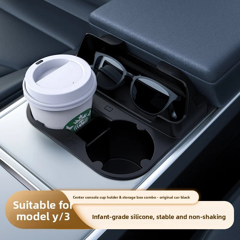 EVKITT Center Console Cup Holder Insert Storage Organizer Tray for Tesla Model Y Model 3 (Premium Shockproof Silicone, Anti-Rattle 1-Pack)