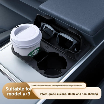 EVKITT Center Console Cup Holder Insert Storage Organizer Tray for Tesla Model Y Model 3 (Premium Shockproof Silicone, Anti-Rattle 1-Pack)