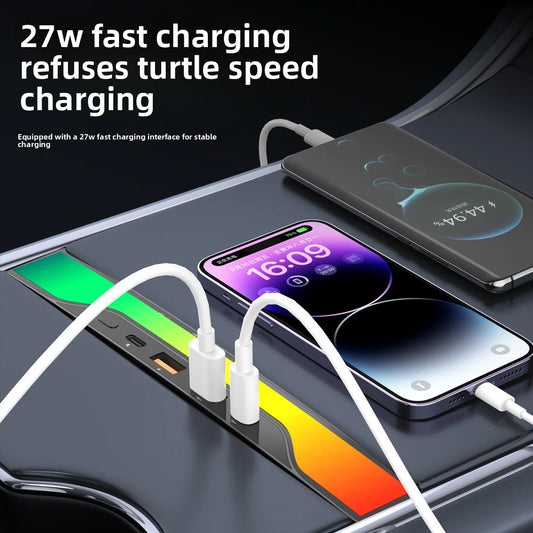 EVKITT for Tesla Model 3 Model Y 2021-2023 Central Control Expansion Dock 27W Fast Charging  Dashboard Hub Streaming Gradient Atmosphere Light Multi-Port Car Accessory