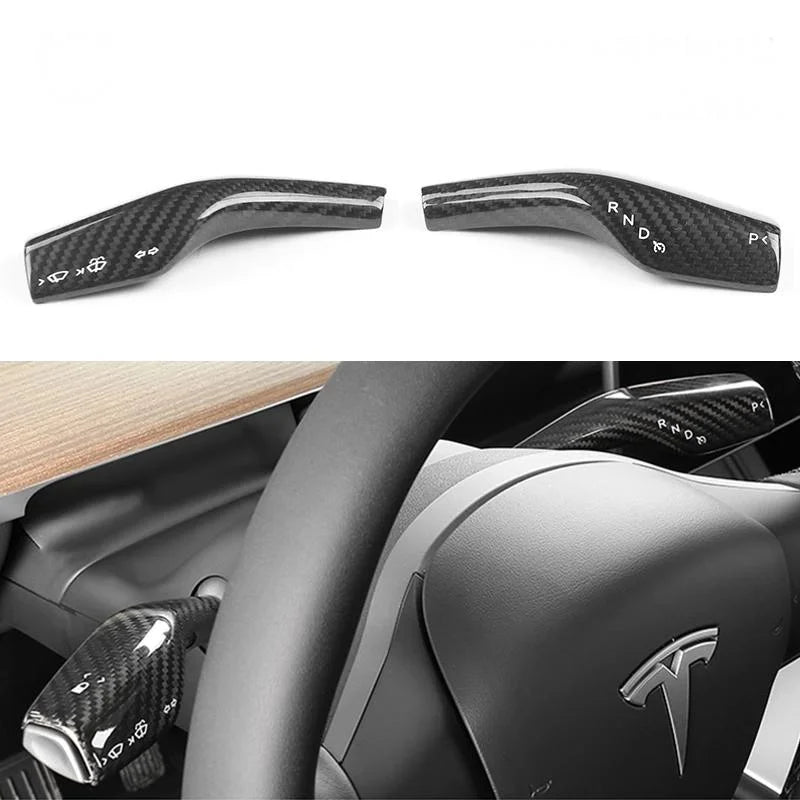 EVKITT Steering Column Shift Lever Stalk Covers Caps for Tesla Model Y Model 3 2021-2023  (Premium Real Dry Carbon Fiber, Turn Signal Wiper 2-Piece Set)